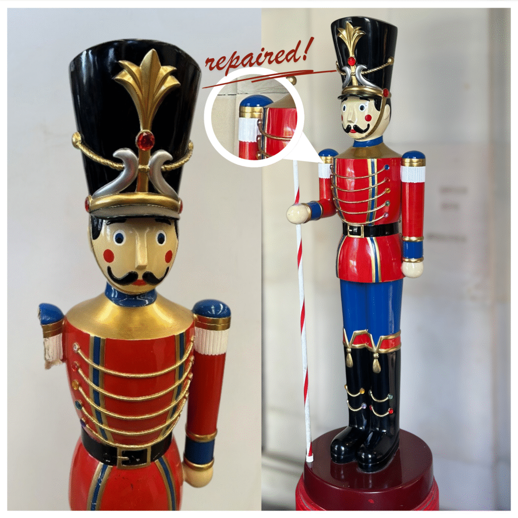 before and after of a repaired soldier nutcracker a Christmas display in Melbourne.